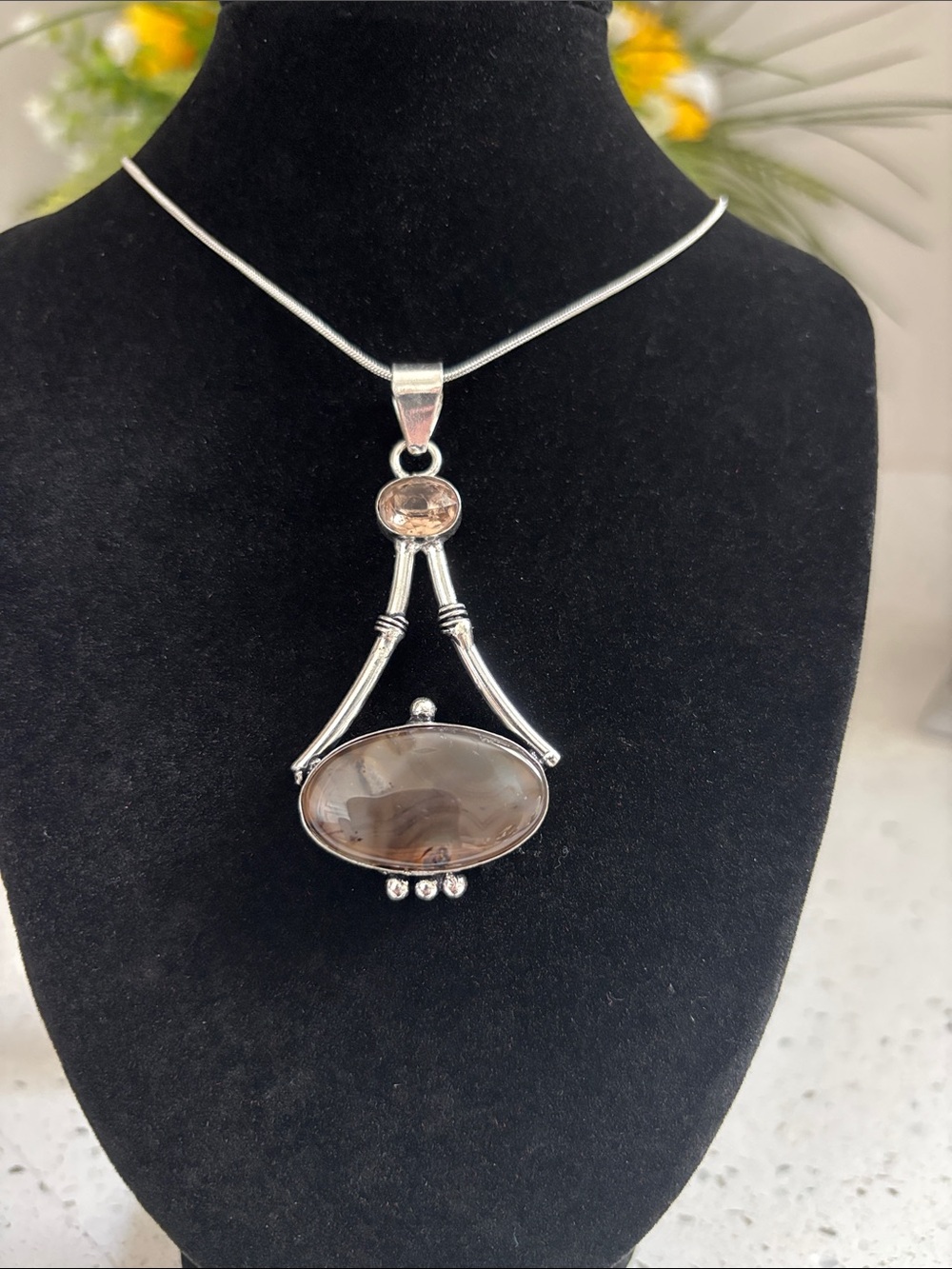 Sterling Silver Montana Agate Morganite Gemstone Pendant Necklace